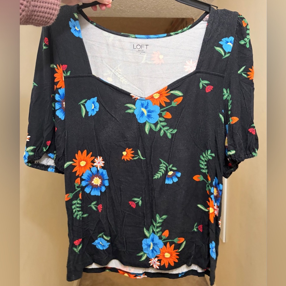 LOFT Black Floral Top with Blue and Orange Accents